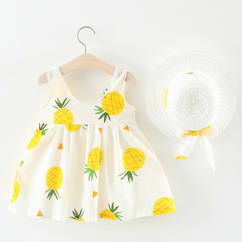 Ropa – vêtements d'été pour bébés filles, tenue de princesse, sans manches, motifs cerises, ananas, chapeau à nœud, vêtements Vintage
