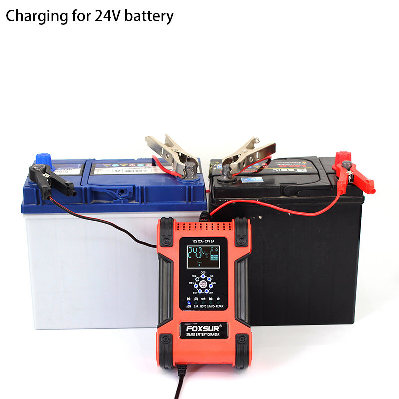 Foxsur 12v 12amp samrt carregador de bateria, 24v automático carro & motocicleta agm gel chumbo-ácido reparação baterias recarregáveis desulfator