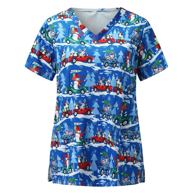 Camiseta de manga curta de enfermagem feminina papai noel impressão com decote em v topos de trabalho uniforme de natal boneco de neve harajuku l * 5