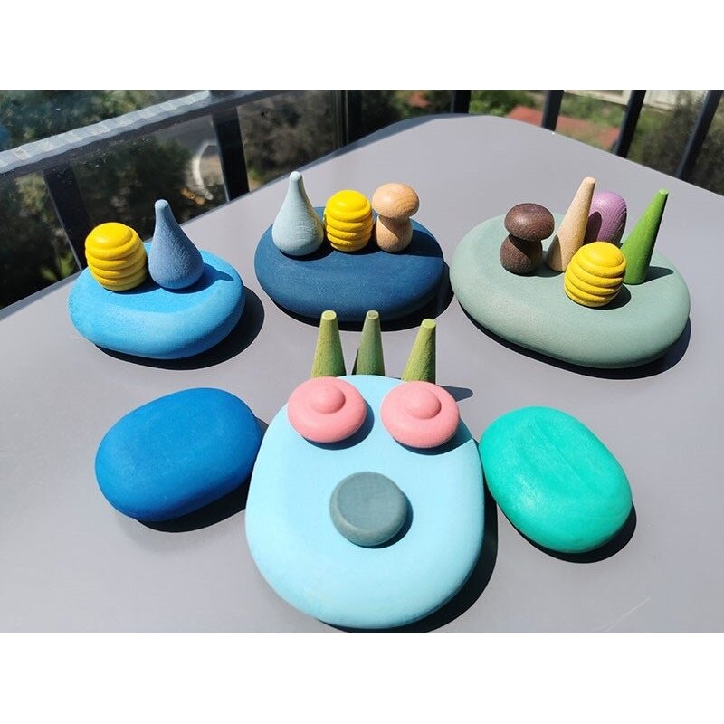 Kids Wooden Toys Rainbow River Pebbles Nature Flat Stone Dolls Rings Balls Building Blocks/Baby Stacking Jenga Motessori Toy
