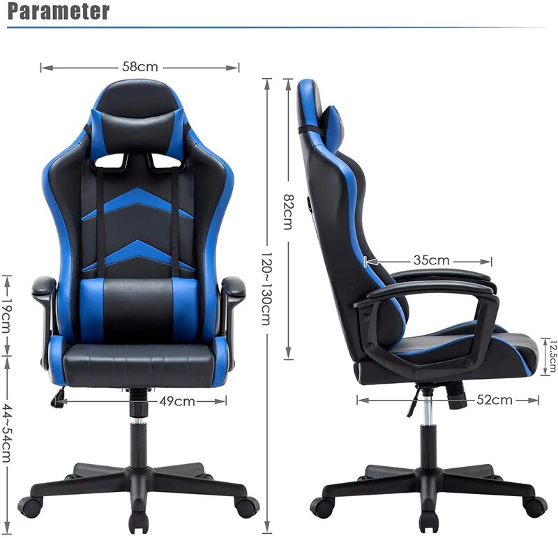 Silla Gaming de oficina, silla de carreras de respaldo alto con función giratoria, soporte de espalda y reposacabezas ajustable y cojín Lumbar