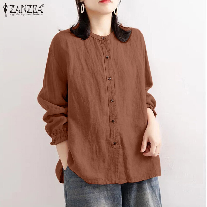 ZANZEA-Blusa Vintage de lino y algodón para mujer, Camisa lisa con manga con volantes, cuello redondo y botones, para primavera y otoño