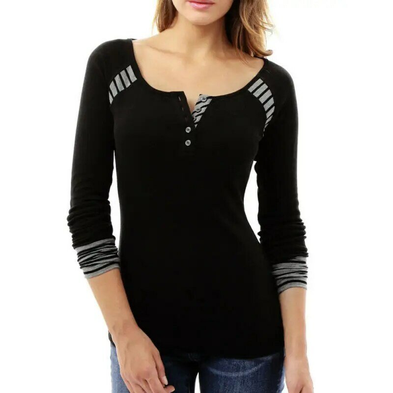 Женская Повседневная Блузка на пуговицах с V-образным вырезом, топы с длинным рукавом, футболка, пуловер