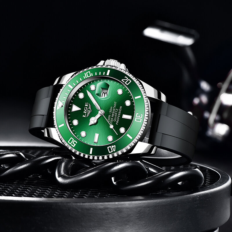 LIGE – montre de luxe pour hommes, étanche, lumineuse, bracelet en Silicone, à Quartz, avec boîte