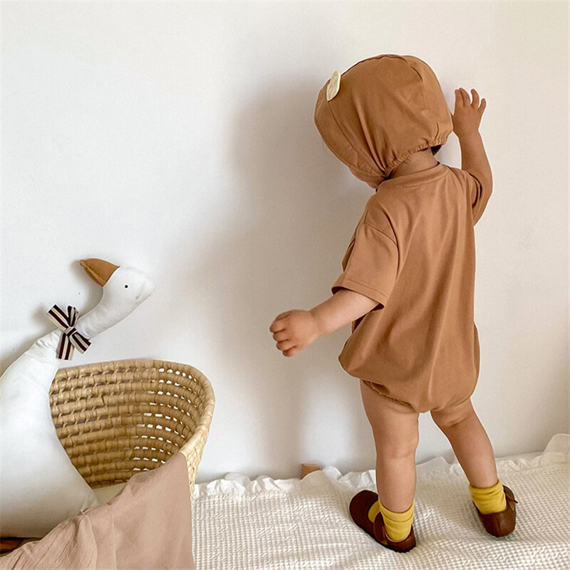 Macacão fino com chapéu para bebês, roupas infantis para bebês, novo verão, geométrico, patchwork, manga curta, peça única, 2021