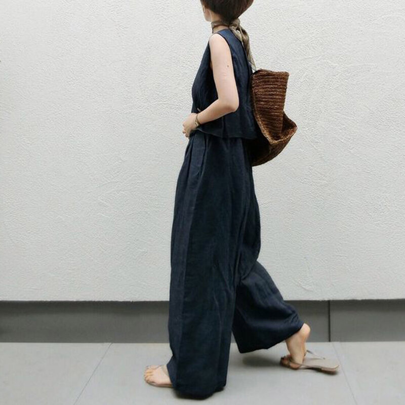 여성 두 조각 세트 일본식 한국 느슨한 풀오버 라운드 넥 민소매 와이드 다리 솔리드 컬러 캐주얼 여성 세트