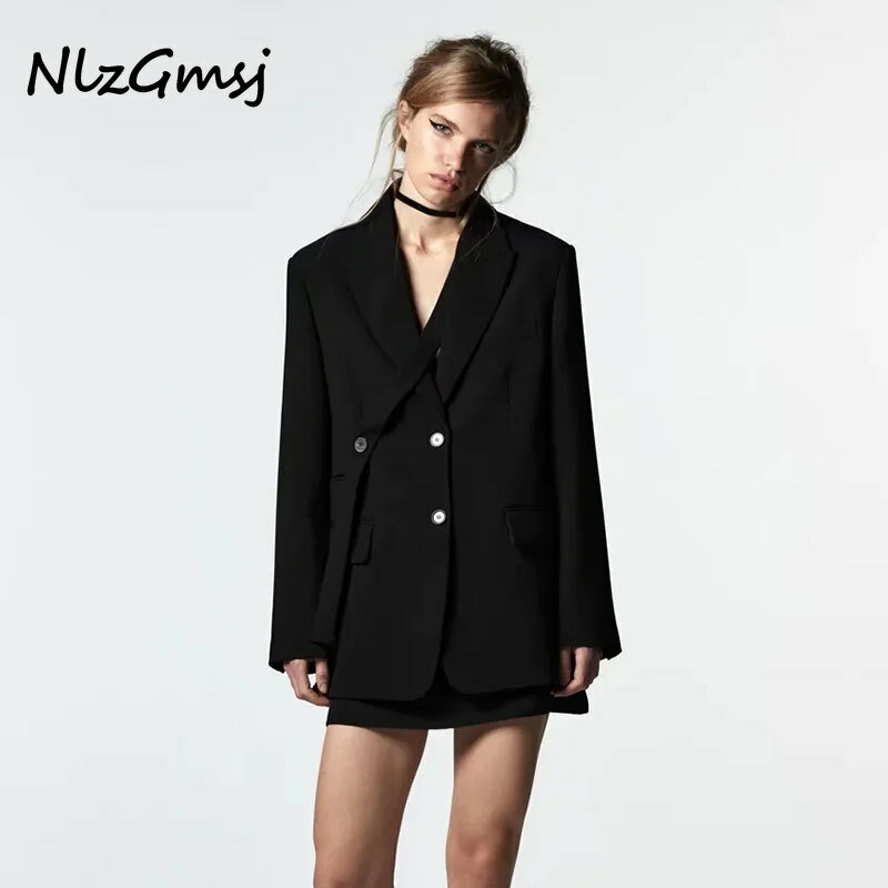 Nlzgmsj Za-chaqueta negra de manga larga para mujer, abrigo Vintage con bolsillos, ropa de calle elegante, 2021