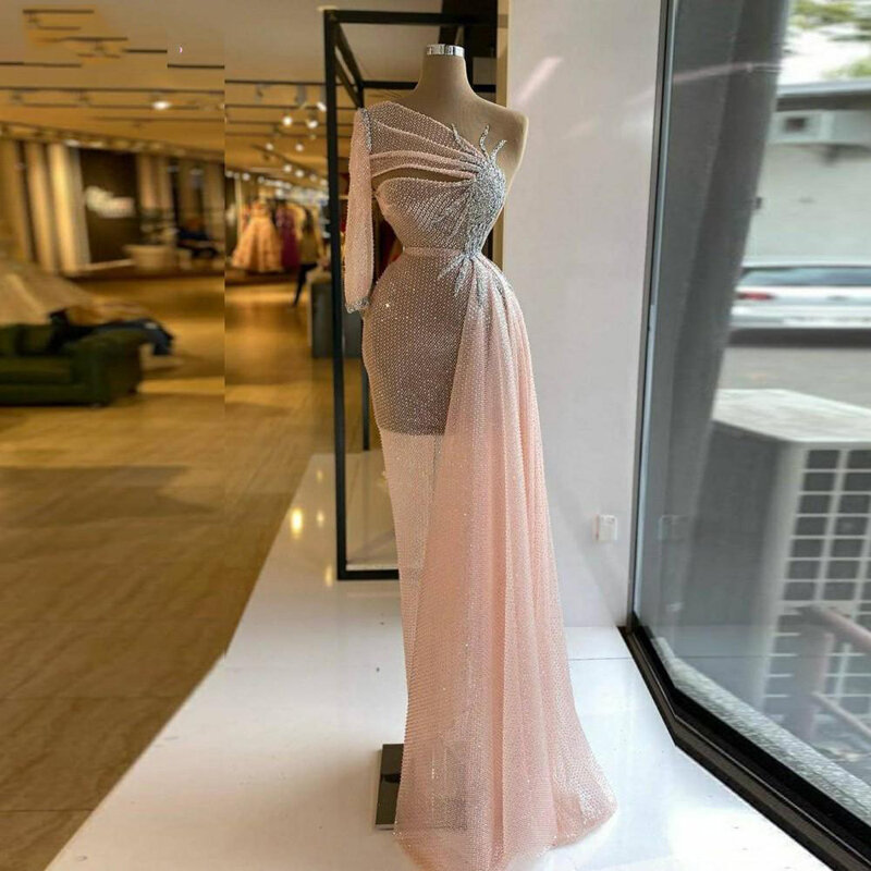 Сексуальное розовое Прозрачное платье на одно плечо для выпускного вечера, женское вечернее платье-футляр, платье в пол для официальной веч...