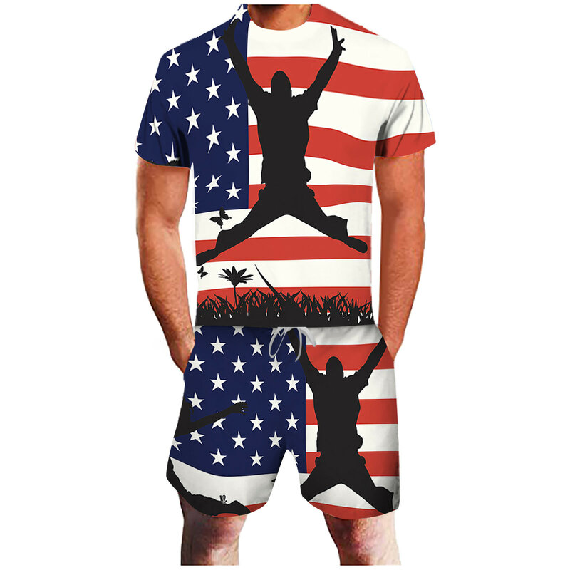 64 # летние комплекты для мужчин Американский флаг прыжки 3d печать, футболка с короткими рукавами и шорты для девочек наборы мужские День Нез...