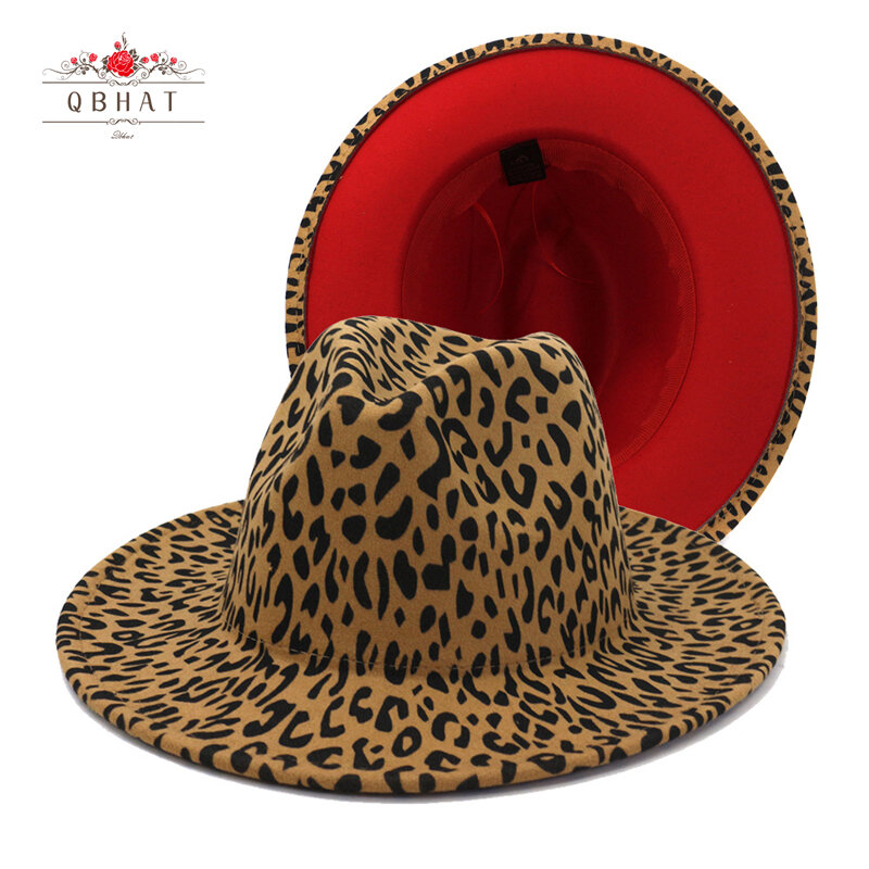 QBHAT 2021 Topi Leopard Merah Bawah Fedora Wanita Wol Merasa Topi Wanita Pria Pesta Trilby Jazz Topi Gereja Patchwork panama Topi