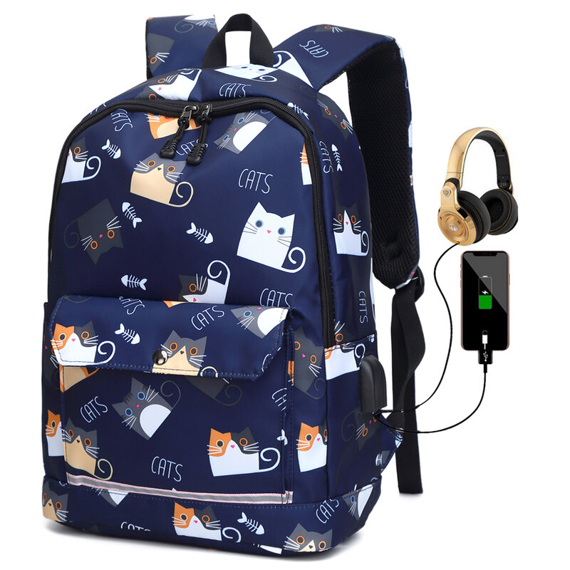 십대 소녀를 위한 USB 충전 반사 학교 가방, 방수 고등학교 배낭 여성 학생 책 가방 여행 배낭