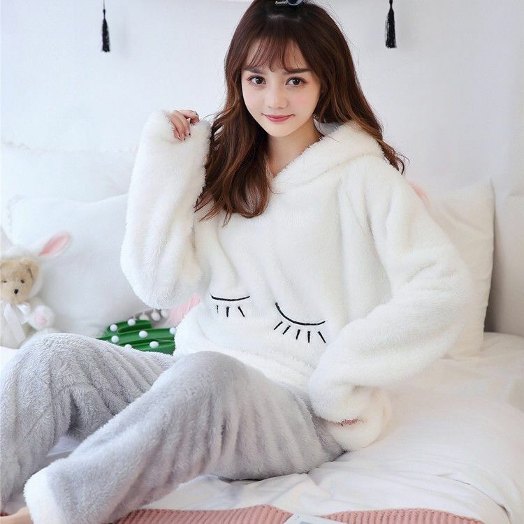 2 Pçs/lote Conjuntos Pijamas de Inverno Mulheres Sleepwear Pijama de Flanela Quente de Mangas Compridas Coral Rosa Grosso Homewear Pijama Sleepwear
