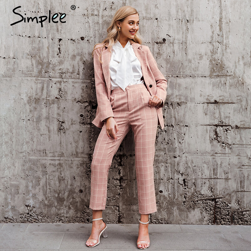 Simplee Mode Plaid Vrouwen Blazer Suits Lange Mouwen Double Breasted Blazer Broek Set Roze Office Dames Twee Stuk Blazer sets
