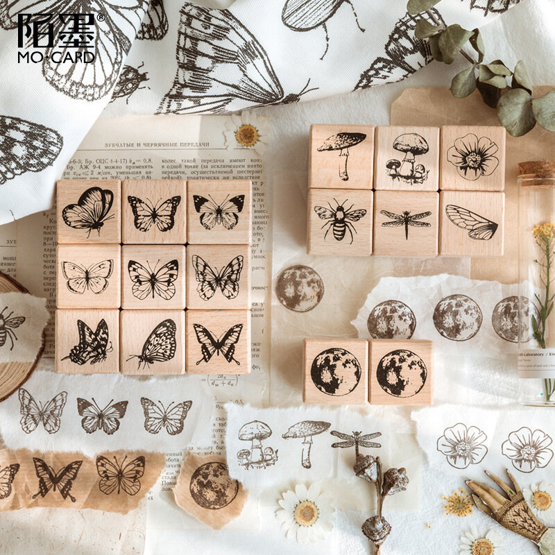 Vintage Wooden Rubber Stamps Butterfly Plants Moon Decorative Mounted Rubber Stamps For Card Making Diy Crafts Planner Scrapbook