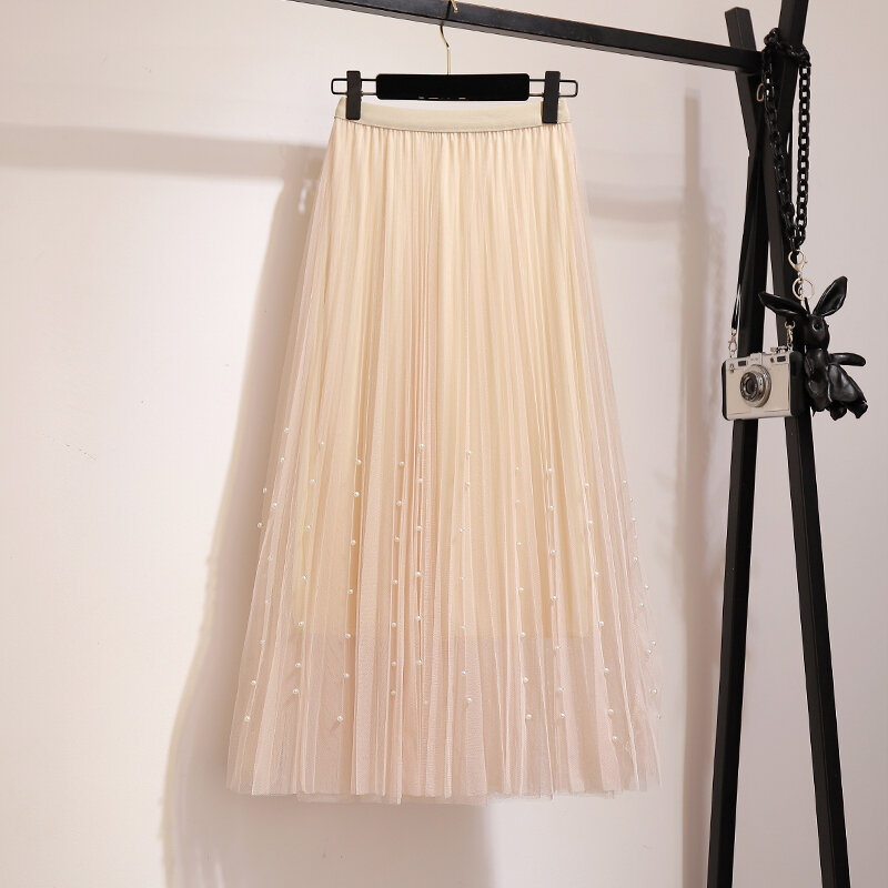 Faldas de tul de malla de abalorios para mujer, falda elástica de cintura alta, media pantorrilla, largo plisado, para primavera y verano, 2020