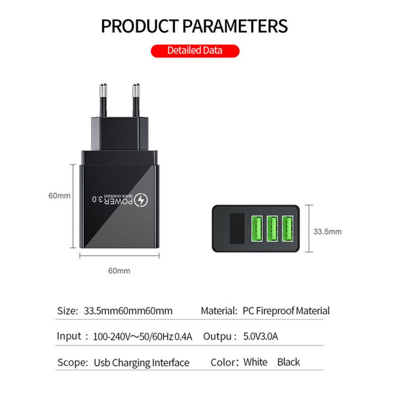 Chargeur USB Charge rapide QC 3.0 pour iPhone 13 12 11 Xiaomi Samsung 3A affichage numérique Charge rapide adaptateur de chargeur de téléphone mural