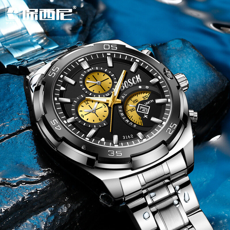 Reloj deportivo de lujo para hombre, cronógrafo de cuarzo, de pulsera, resistente al agua, de acero inoxidable, con fecha