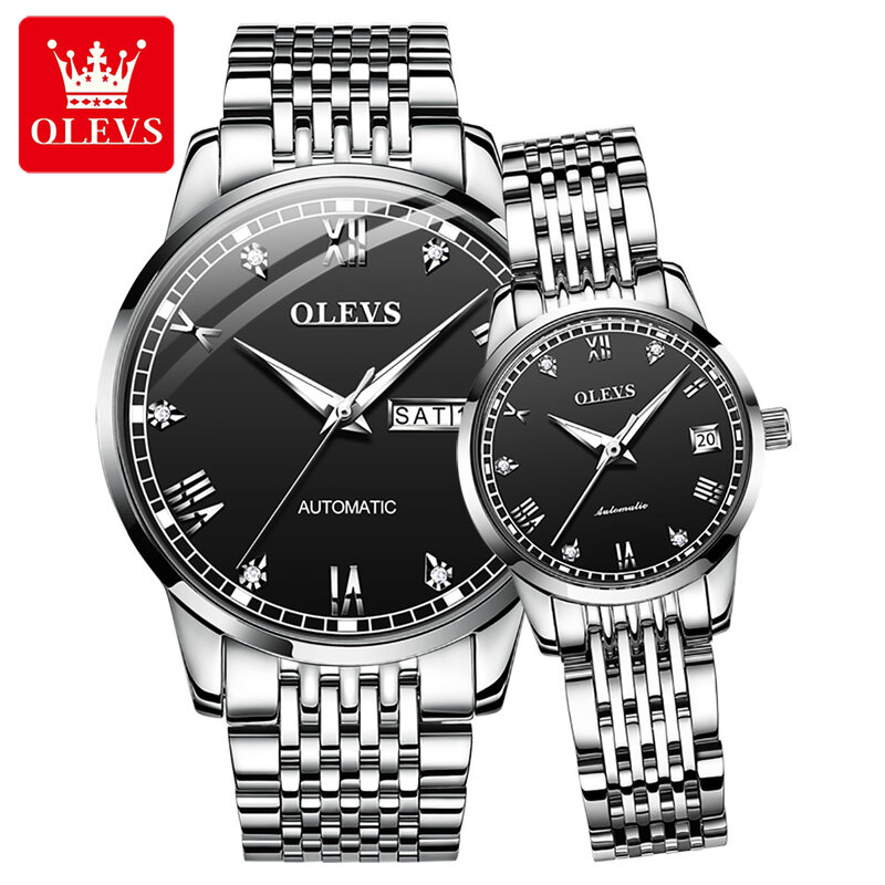 OLEVS 2021 Luxury Automatic Mechanical Couple Watch Stainless Steel Classic Men's and Women's Waterproof Date Sports Watch 6602