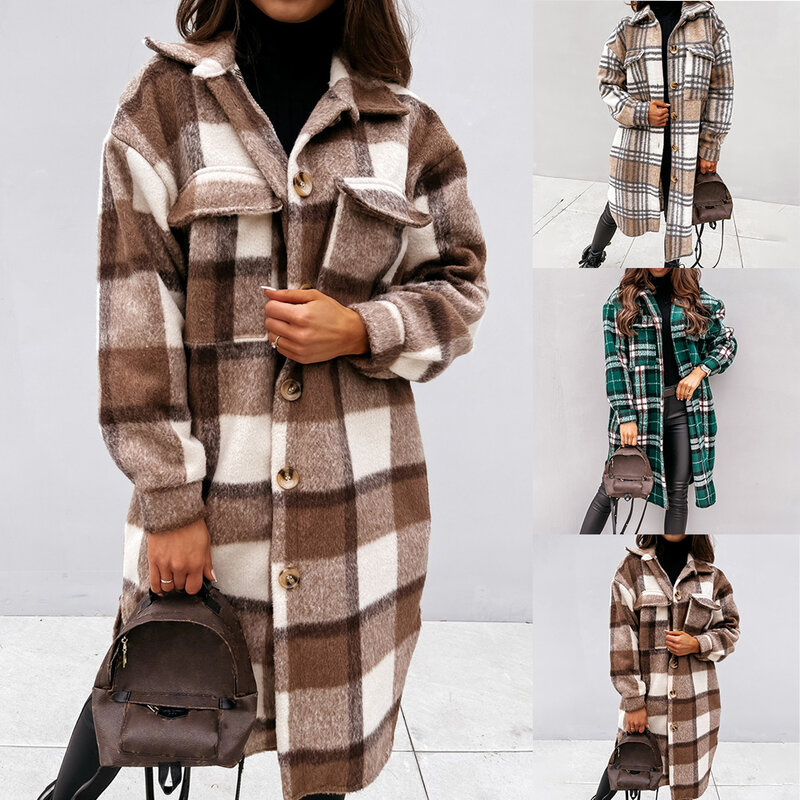 Manteau Long à carreaux coréens pour femme, veste chaude surdimensionnée, mélange de laines épaisses, style Streetwear rétro, collection hiver 2021