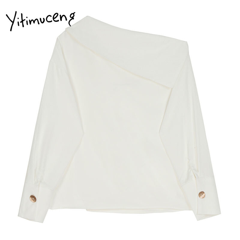 Yitimuceng blusa branca feminina manga longa decoração de metal botão para cima camisas em linha reta 2021 primavera nova moda gola de inclinação topos