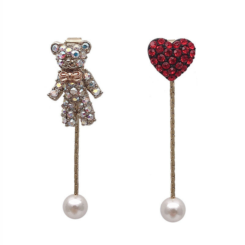 KOUDOUN Super Fairy Long Stud Earring Female Asymmetrical Bear Flash Diamond Earrings Combination Red Heart-shaped Drop Earrings