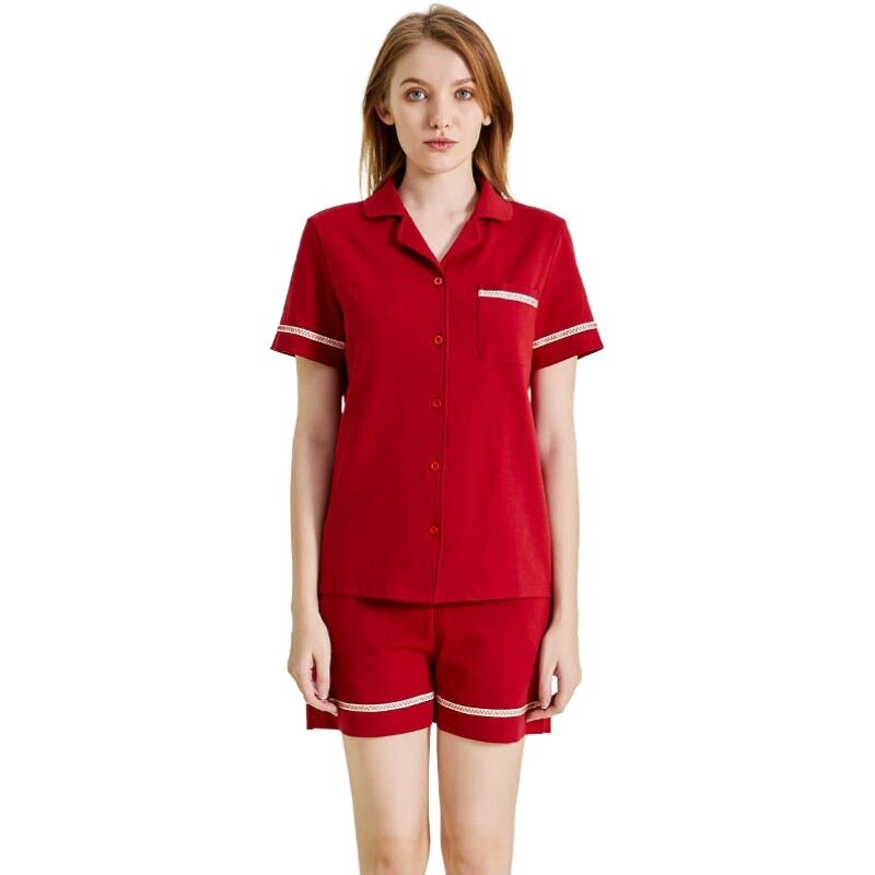2021สไตล์ร้อนชุดนอนผู้หญิงฤดูร้อนผ้าฝ้ายแขนสั้นชุดสุภาพสตรี Lapel บริการบ้านสีแดง