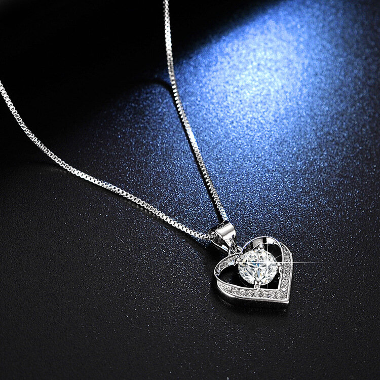 SODROV Sterling Silver Zircon Diamond Necklace Heart Pendant Necklace for Women Silver Jewlery