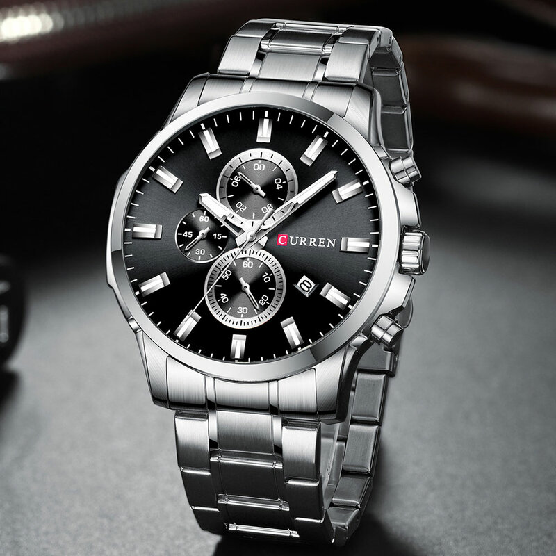 Curren relógio de quartzo esportivo masculino, relógio de marca de luxo com mãos luminosas cronógrafo data automática estiloso de aço inoxidável