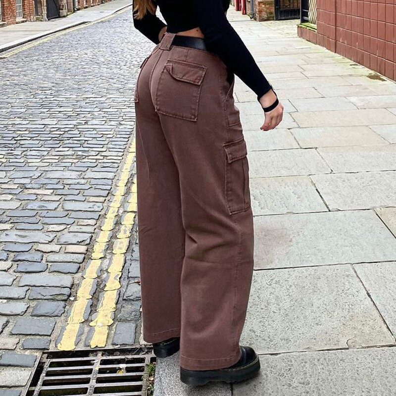 Джинсы женские 2021 новые женские брюки в европейском и американском стиле ретро коричневые прямые брюки с карманами и высокой талией женски...