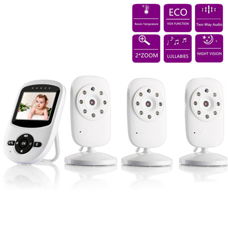 Video Monitor de bebé con 3 cámaras digitales pantalla LCD de visión nocturna infrarroja de 2 manera hablar a temperatura ambiente. Canciones de cuna