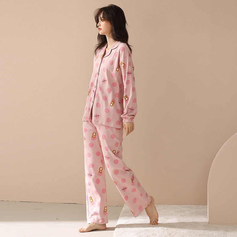 Estilo coreano conjunto de pijama feminino senhoras dupla face puro algodão pijamas manga longa impresso dot casa terno estudante primavera outono