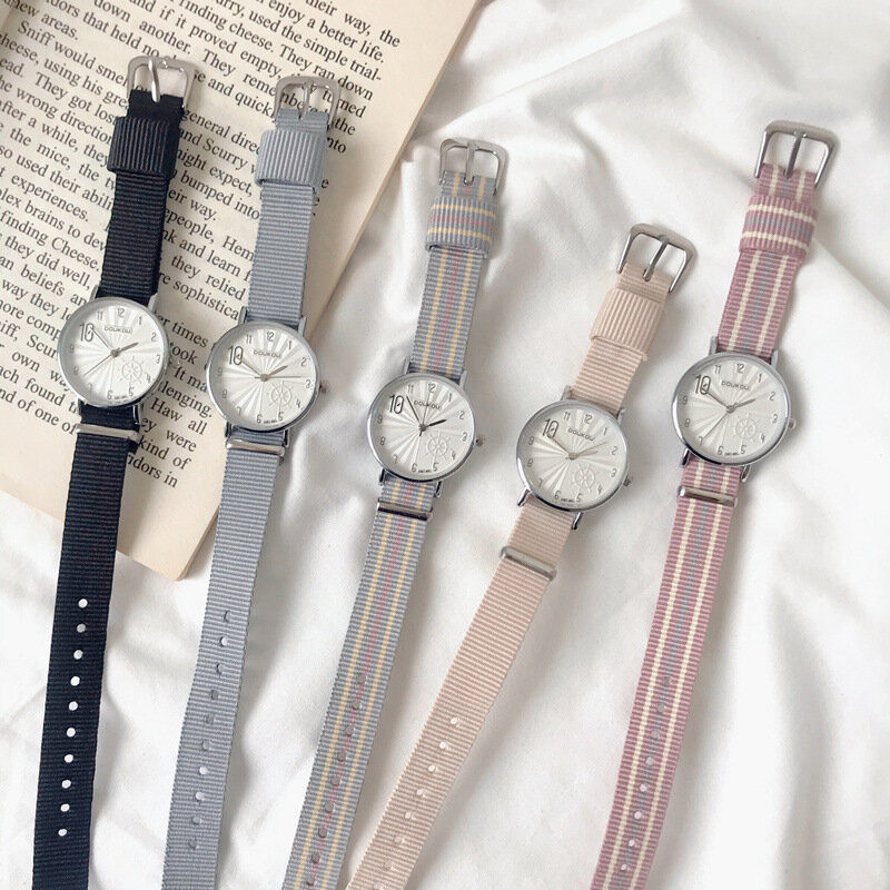 Moda listra relógios femininos simples número engrenagem dial design senhoras quartzo relógios de pulso casual rosa cinta de náilon mulher relógio horas