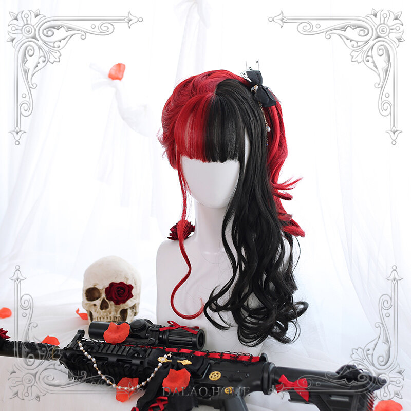 Parrucca di alta qualità Harajuku Soft Girl Lolita rosso nero insieme colore capelli ricci lunghi parrucca con Clip a bocca di tigre
