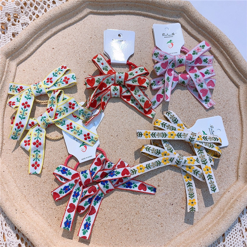 2021 New Korea Vintage Simple Embroidery Flower Love Bow Rubber Band Hair Rope Fashion Girl Children's Ponytail Hair Accessories