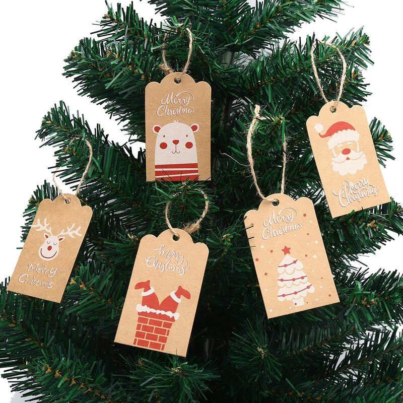 Étiquettes cadeaux en papier Kraft, père noël, bonhomme de neige, Elk, à suspendre avec corde, pour emballage de cadeau de fête du nouvel an