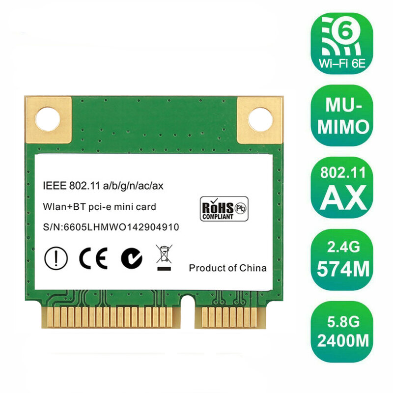 Băng Tần Kép 3000Mbps 6 Không Dây Mini PCI-E Card Bluetooth 5.0 Laptop Wlan Card Wifi 802.11ax/Ac 2.4G/5Ghz Cho Win10