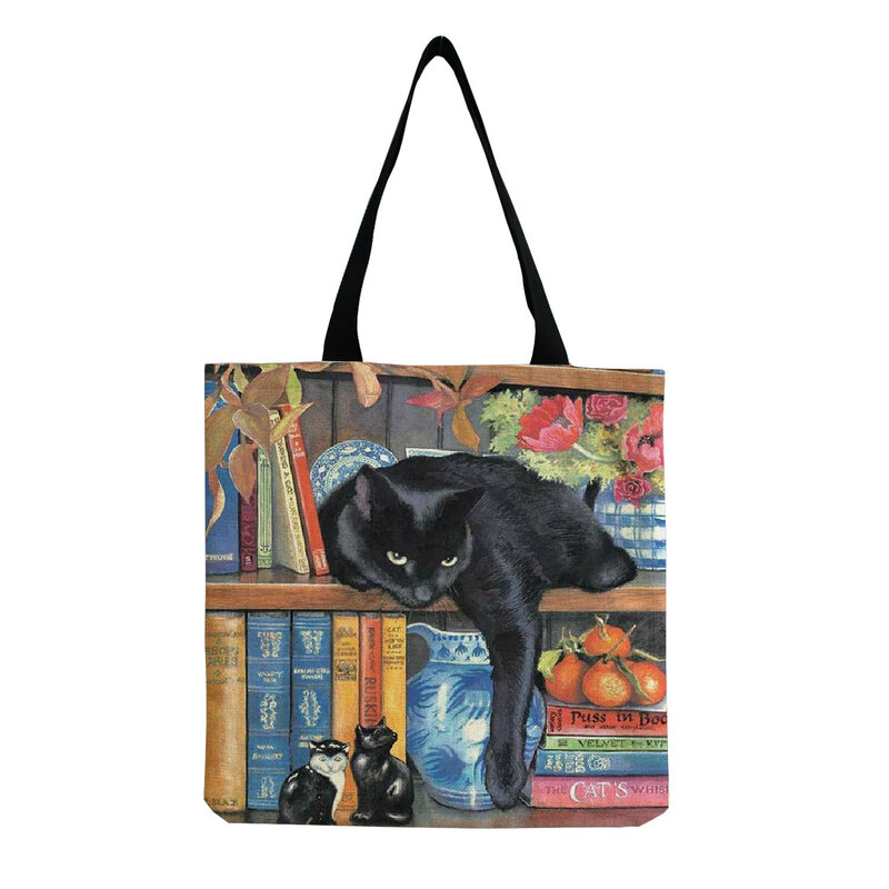 Yuecimie bonito gato impresso praia bolsa de ombro para as mulheres moda tote sacola de compras menina linho tecido reutilizável casual grande bolsa