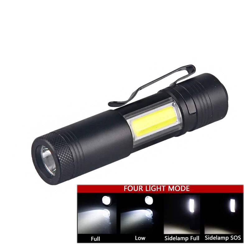 Topcom-mini lanterna de led q5, portátil, cob, poderosa, 3w, 4 modos, luz dura, com clipe para acampamento, caça, leitura
