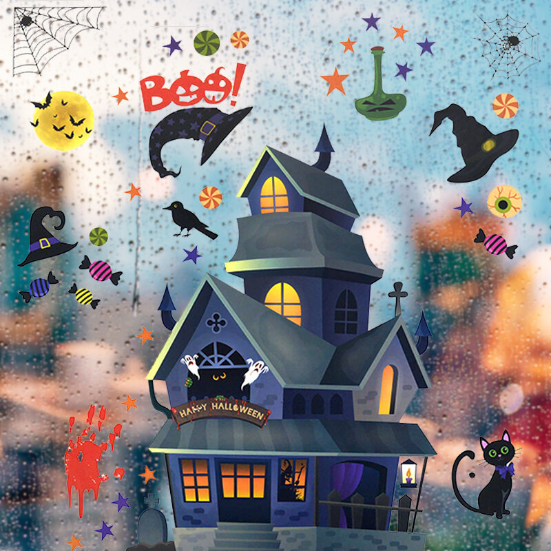 Autocollant mural en Pvc, décoration d'halloween, dessin animé, citrouille chauve-souris fantôme, miroir, pour fenêtre en verre, pour chambre d'enfants, stickers muraux, décor de maison