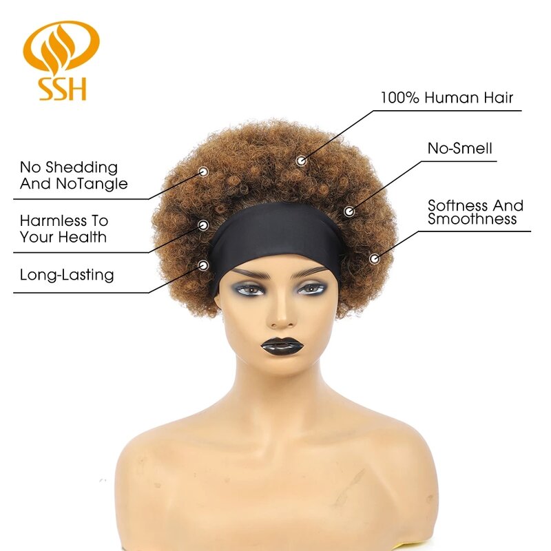 Peruca sem cola preta natural com headbands livre anexado uso diário afro bandana peruca curta encaracolado kinky perucas para preto