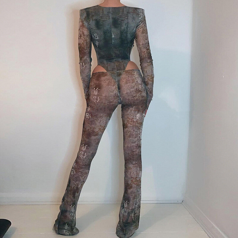 Adogirl Y2K stampa due pezzi Set donna Sexy senza spalline manica lunga body Top vedere attraverso pantaloni a rete gonne abiti da Club di moda