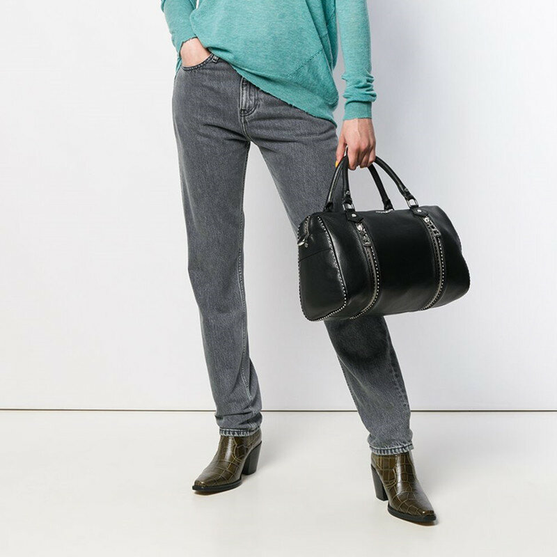 Frauen Leder Tragbare Handtasche Zipper Fashion Strap Schwarz Flügel Dekoration Dame Tasche