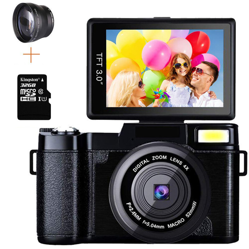 전문 24mp 비디오 카메라 4 배 줌 회전 스크린 풀 HD 1080P 흔들림 방지 SLR 캠코더 사진 와이드 렌즈 및 32GB 카드