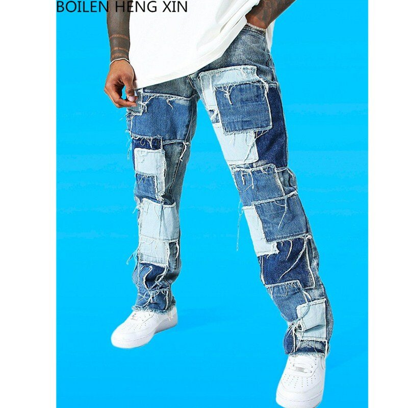 Новинка 2021, мужские облегающие джинсы в стиле пэчворк, цветные узкие прямые длинные брюки черного и синего цвета, Байкерская уличная одежда