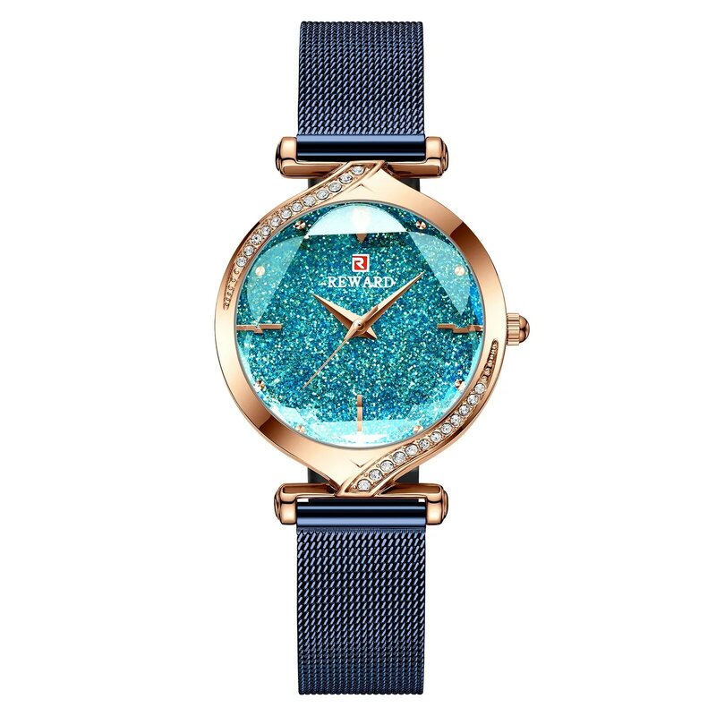 สุภาพสตรี Starry Sky นาฬิกาเพชรหรูหราควอตซ์นาฬิกาข้อมือทองสแตนเลสสตีลตาข่ายเข็มขัด Rhinestone นาฬิกา Moda...