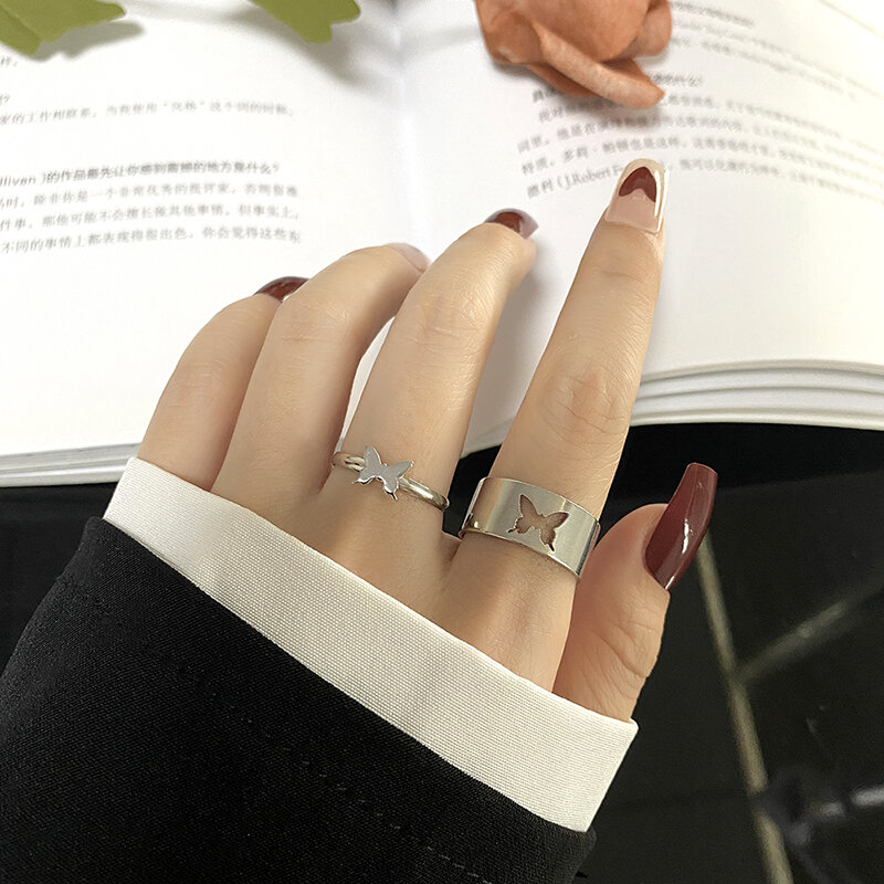 FAMSHIN Set Cincin Kupu-kupu Perak Dapat Disesuaikan Punk untuk Wanita Pria Cincin Pasangan Terbuka Pernikahan Hadiah Persahabatan 2021 Perhiasan Tren