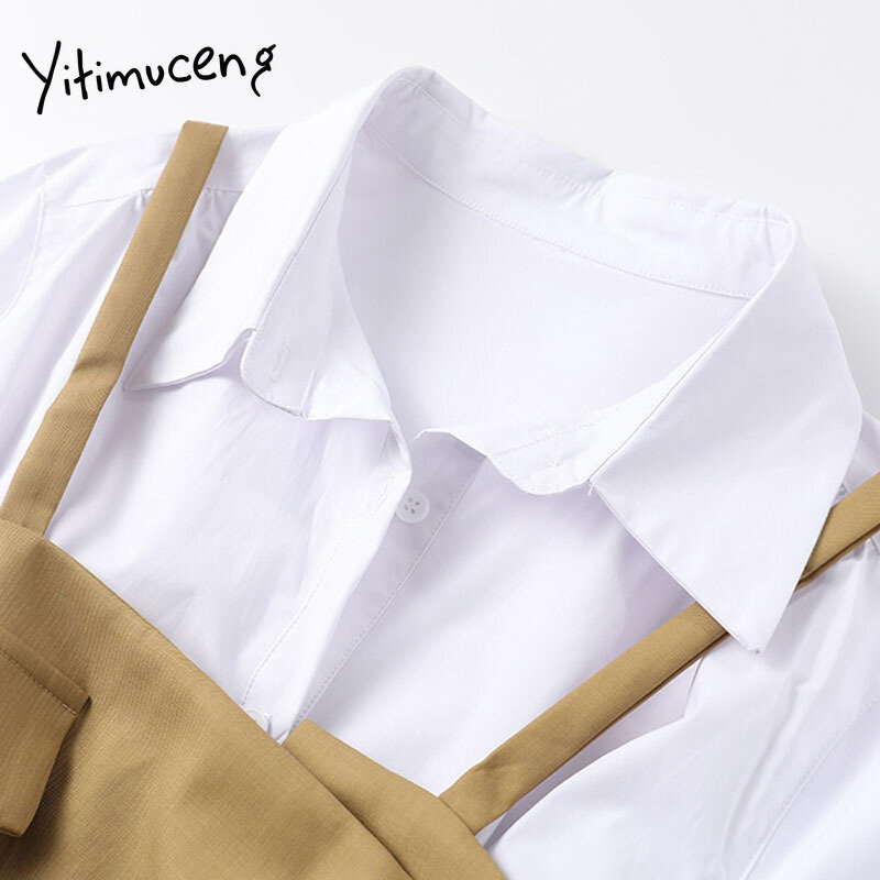 Yitimuceng 2 piezas blusa botón Camisas de mujer suelta nueva primavera de 2021 de moda Coreana de manga larga de cuello cuadrado único Breasted