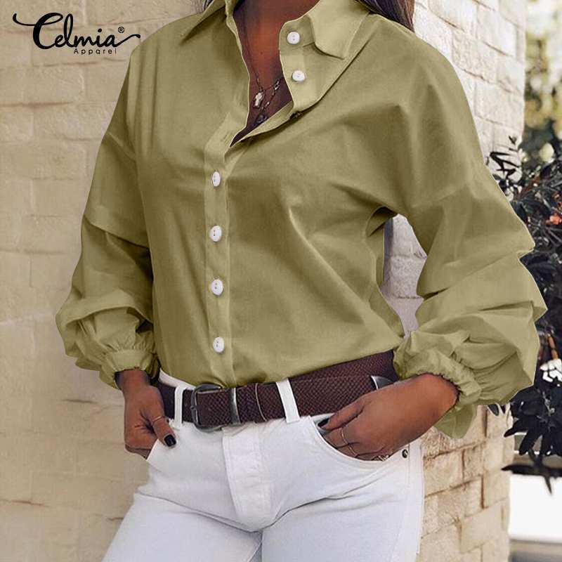 Celmia 2021 outono moda topos vintage feminino lanterna manga babados blusas lapela botões casual sólido solto túnica camisa de festa