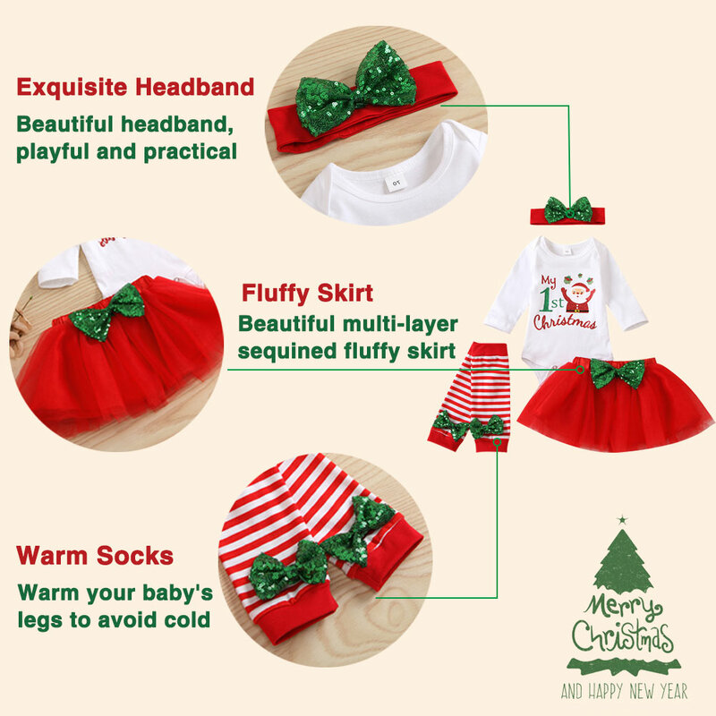 Рождественский наряд на 1-й день рождения для новорожденных девочек на 1-летвечерние платье с длинным рукавом и повязкой на голову для малыш...