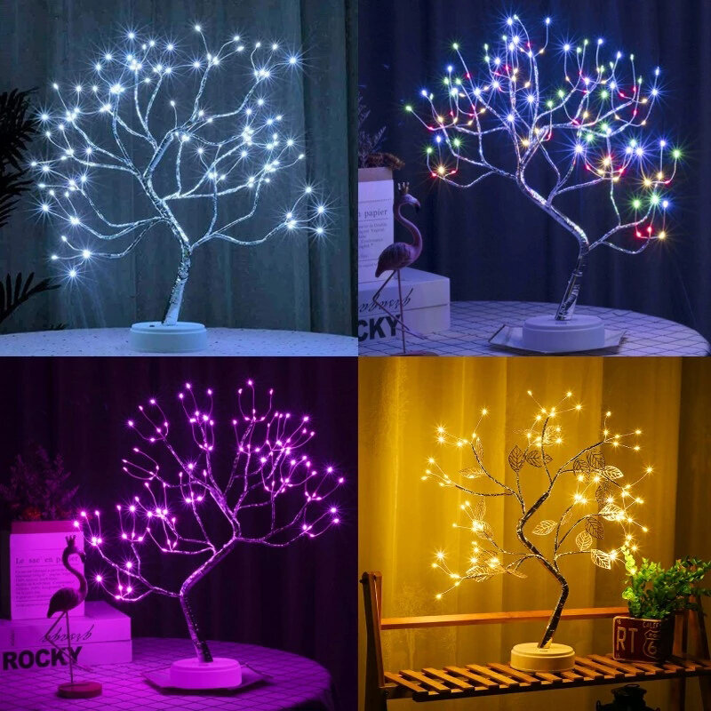 Lámpara de mesita de noche con cable de cobre para árbol de Navidad, luz de noche con USB, 36/108 LED, creativa, para escritorio, decoración de dormitorio, Decoración de mesa de hadas de Navidad
